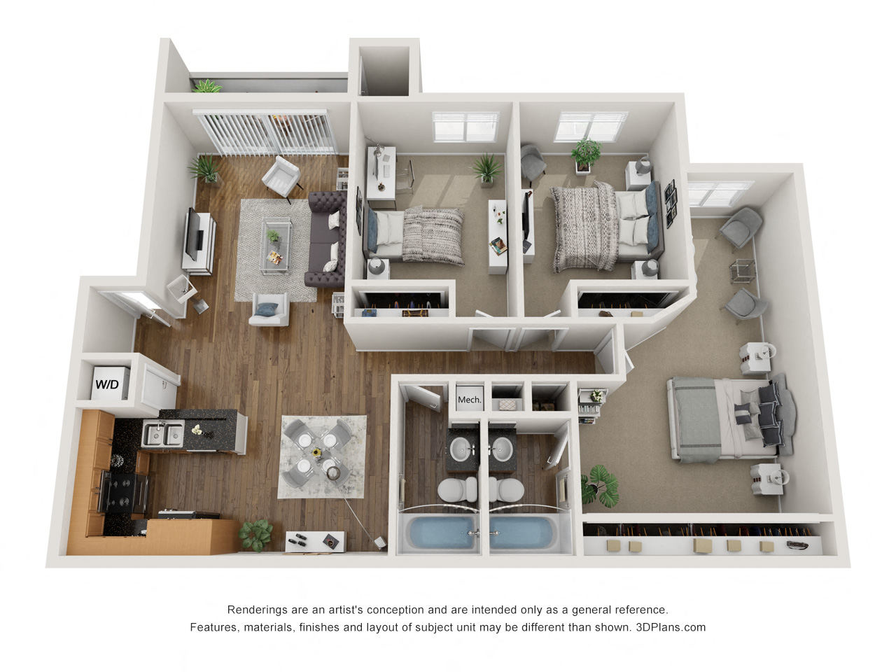 Floor plan for 3 beds, 2 baths, 1064 sqft